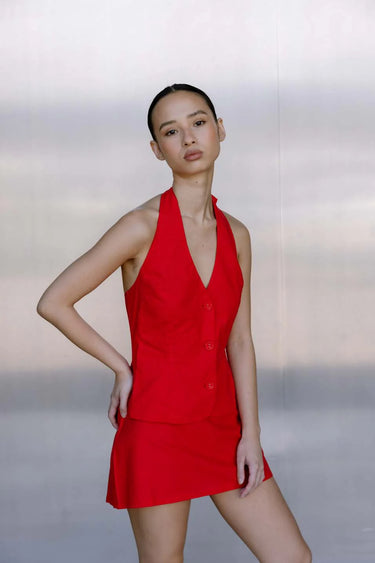 BISK THE LABEL RUE RED LINEN BLEND MINI SKIRT - STUDIO JO STORE